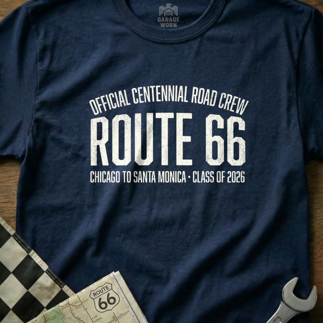Navy t-shirt with "Route 66 Official Centennial Road Crew" text.