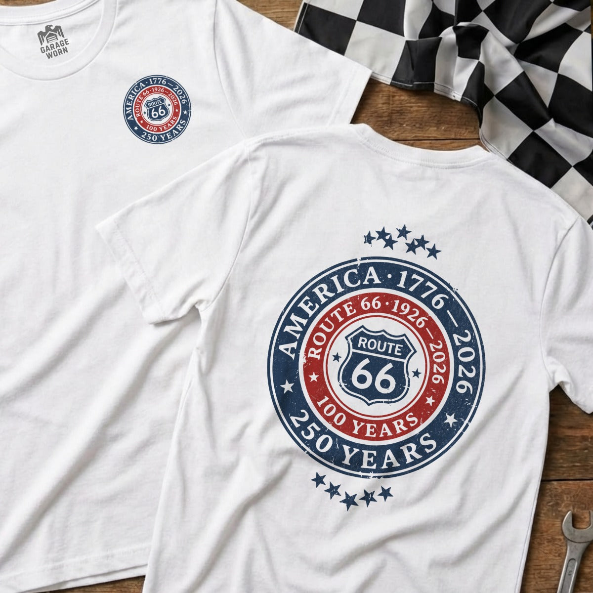 White t-shirts with Route 66 100 and 250 years anniversary graphic.