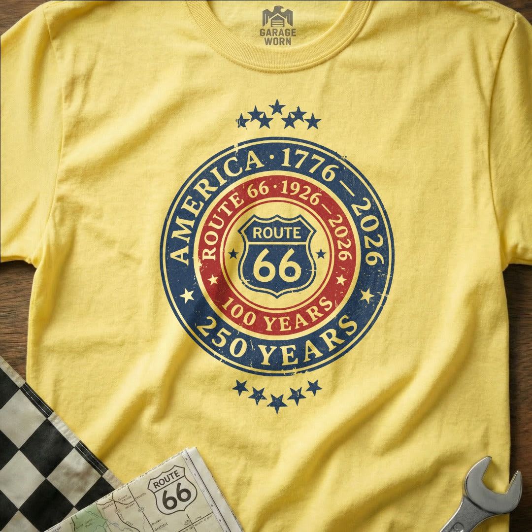 Yellow t-shirt with Route 66 centennial logo and "America 1776-2026".