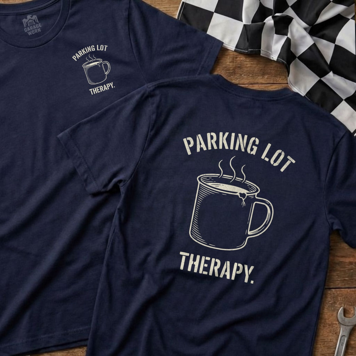 Navy t-shirts with "Parking Lot Therapy" and a steaming mug graphic.