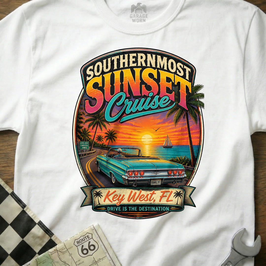 Teal convertible drives coastal road with "Southernmost Sunset Cruise" graphic.