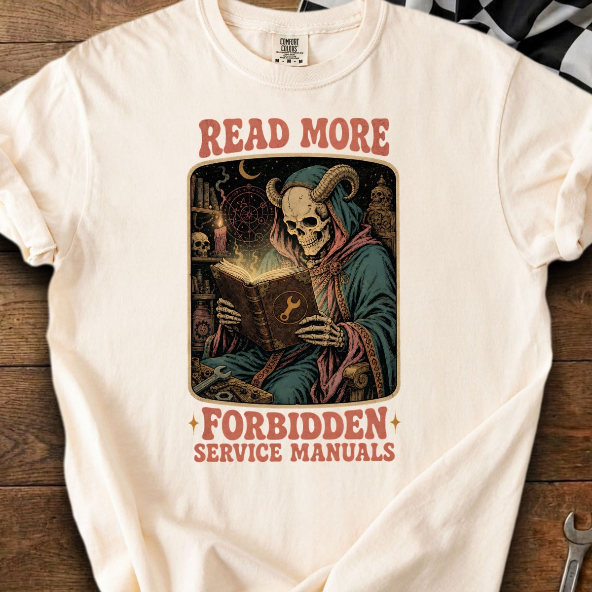 Grim Reaper skeleton reads a book with "Forbidden Service Manuals" text.
