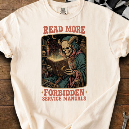 Grim Reaper skeleton reads a book with "Forbidden Service Manuals" text.