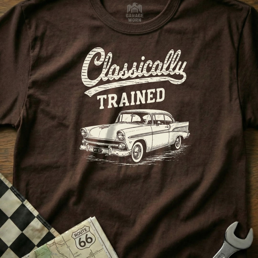 Brown t-shirt with white text "Classically Trained" and vintage car graphic.