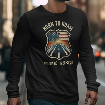 Black long-sleeve shirt with shield graphic: "Born to Roam" and Route 66.