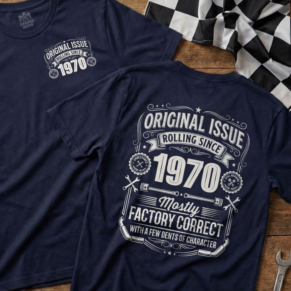 Navy t-shirt with "Original Issue Rolling Since 1970" and "Mostly Factory Correct" text.