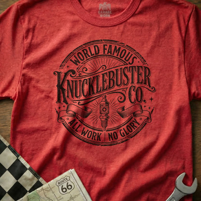 Red t-shirt with "Knucklebuster Co." logo, spark plug, and ribbon banners.