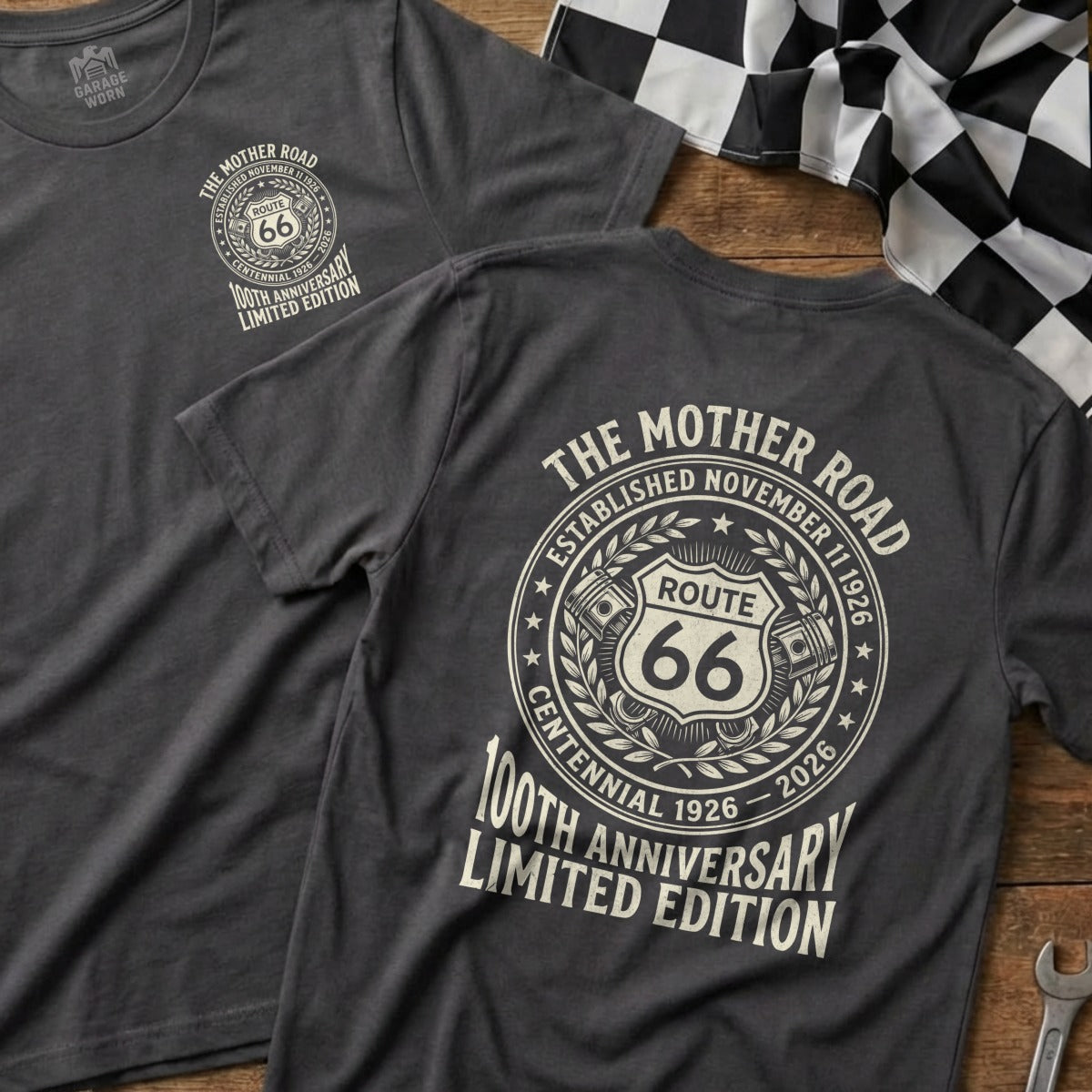 Two dark t-shirts featuring Route 66 Centennial Limited Edition design.