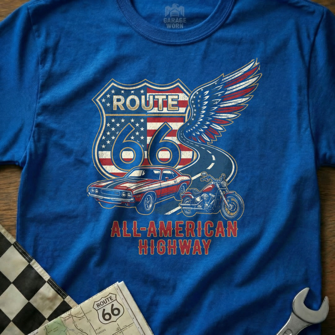Blue t-shirt with Route 66 shield, classic car, motorcycle, and text.