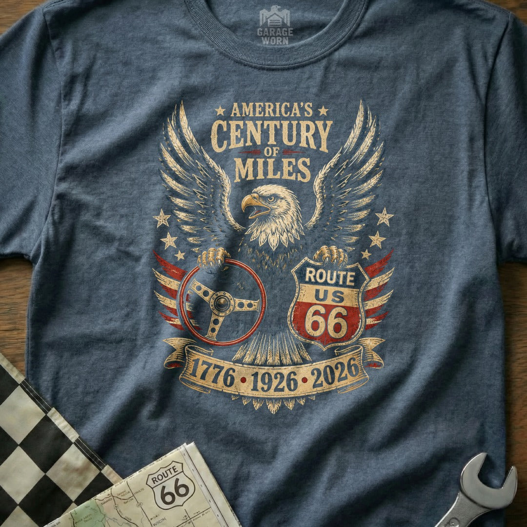 Graphic tee featuring an eagle, Route 66 shield, and "America's Century of Miles."