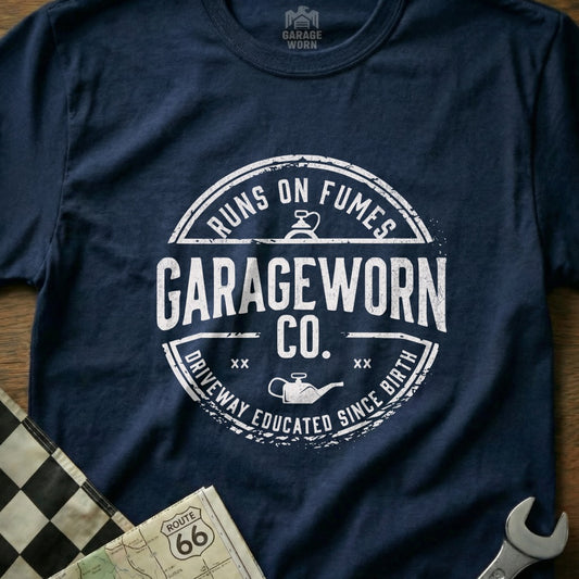 Navy t-shirt with "Runs on Fumes" and "Garage Worn Co." logo.