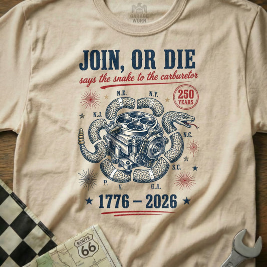 Join, or Die graphic with a snake wrapped around a carburetor, 1776-2026.