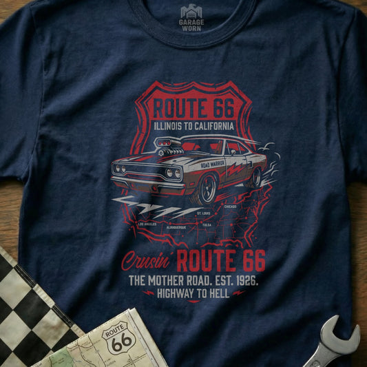 Navy t-shirt with Route 66 "Road Warrior" graphic featuring a car and map.