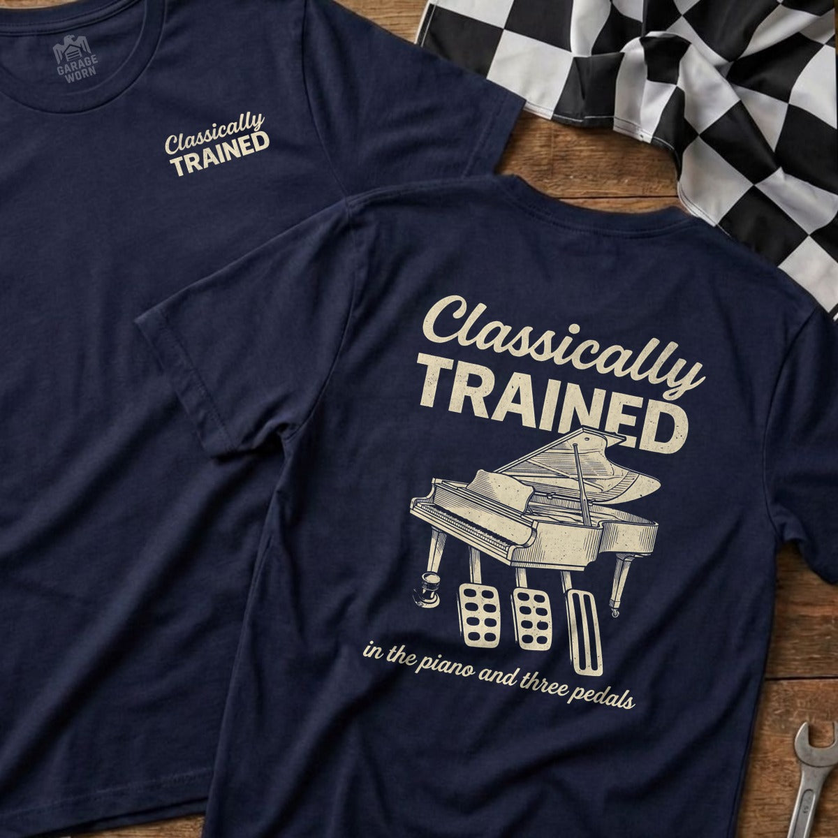 Navy t-shirts with "Classically Trained" and a piano graphic.