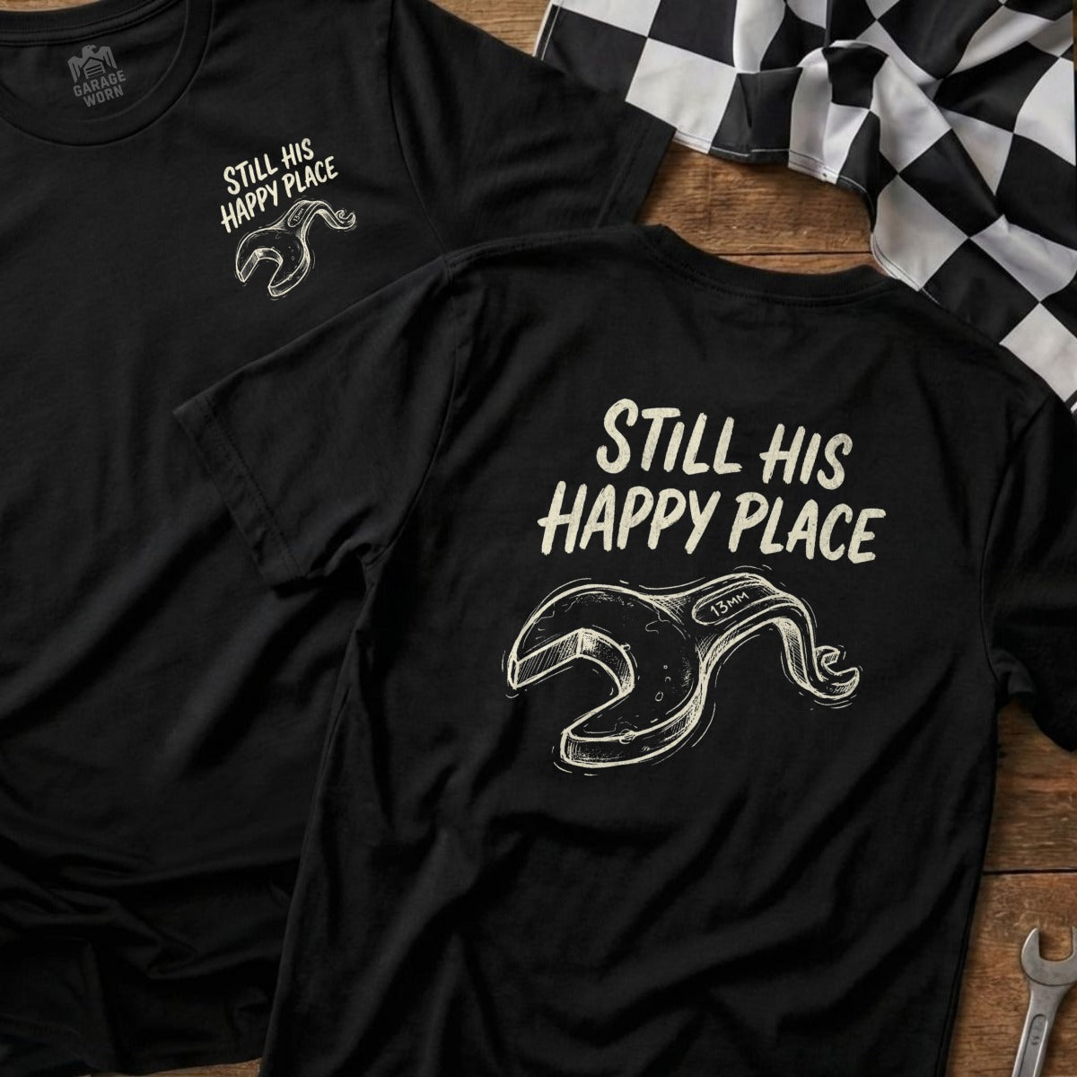 Black t-shirts with "Still His Happy Place" and wrench graphic.