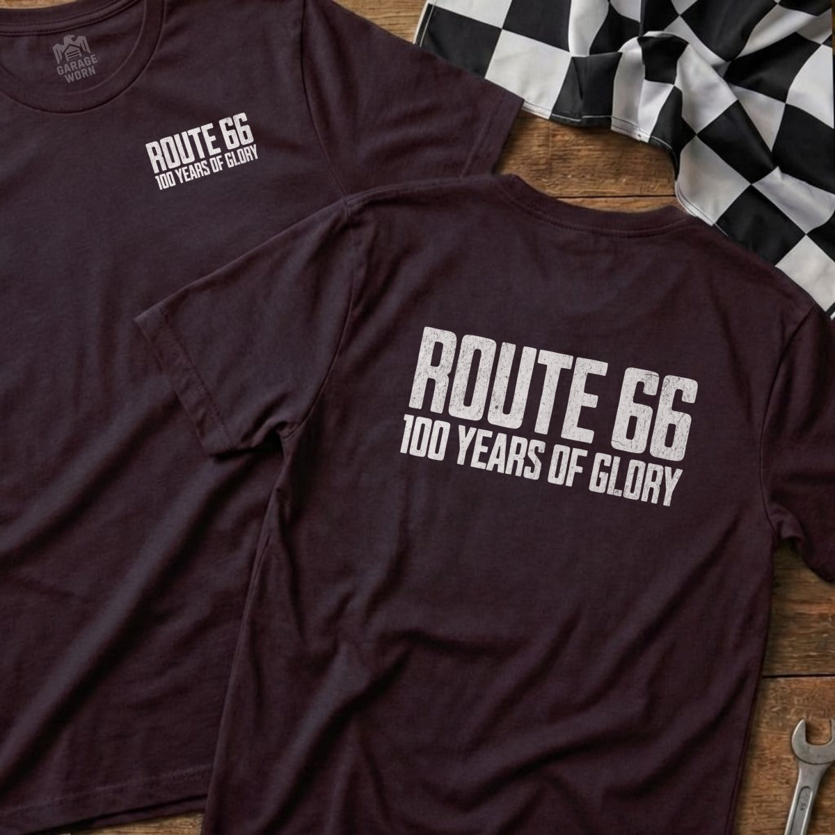 Maroon t-shirts with "Route 66 100 Years of Glory" text.