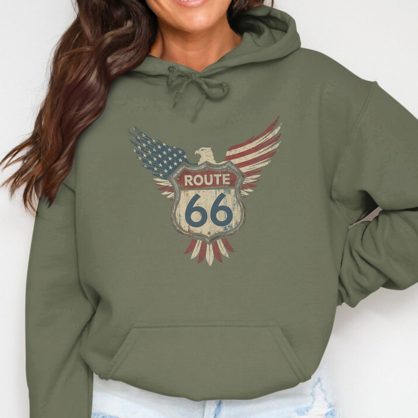 Green hoodie with distressed Route 66 eagle emblem on chest.