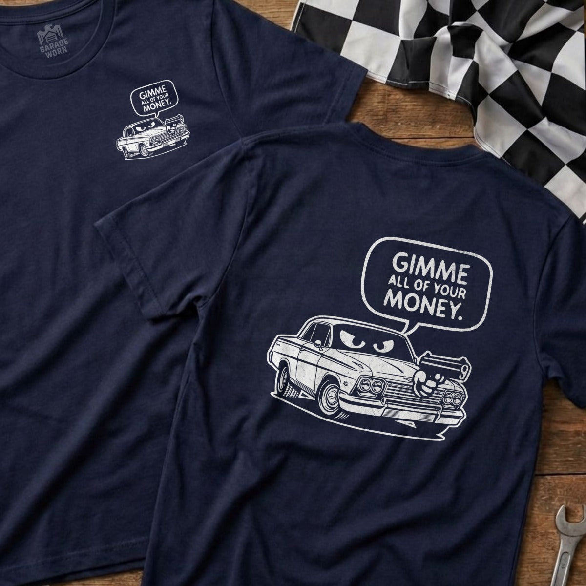 Navy t-shirts with a cartoon car and "GIMME ALL OF YOUR MONEY."