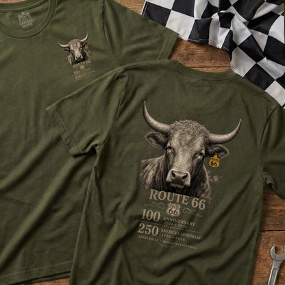 Green t-shirt with bull graphic and Route 66 anniversary text.