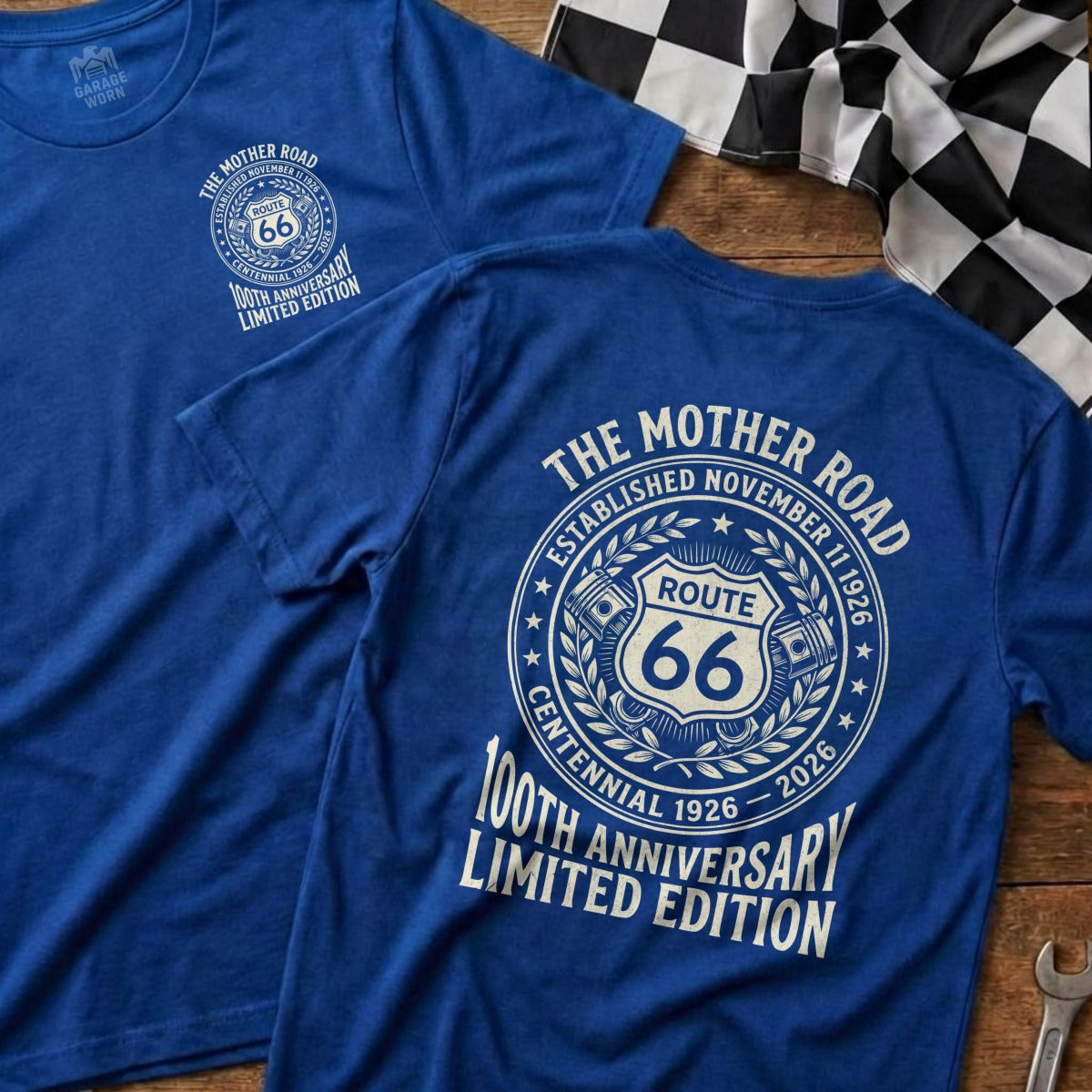 Blue t-shirts with Route 66 centennial limited edition design.