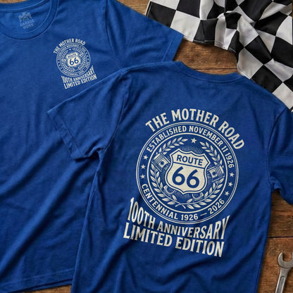 Blue t-shirts with Route 66 centennial limited edition design.