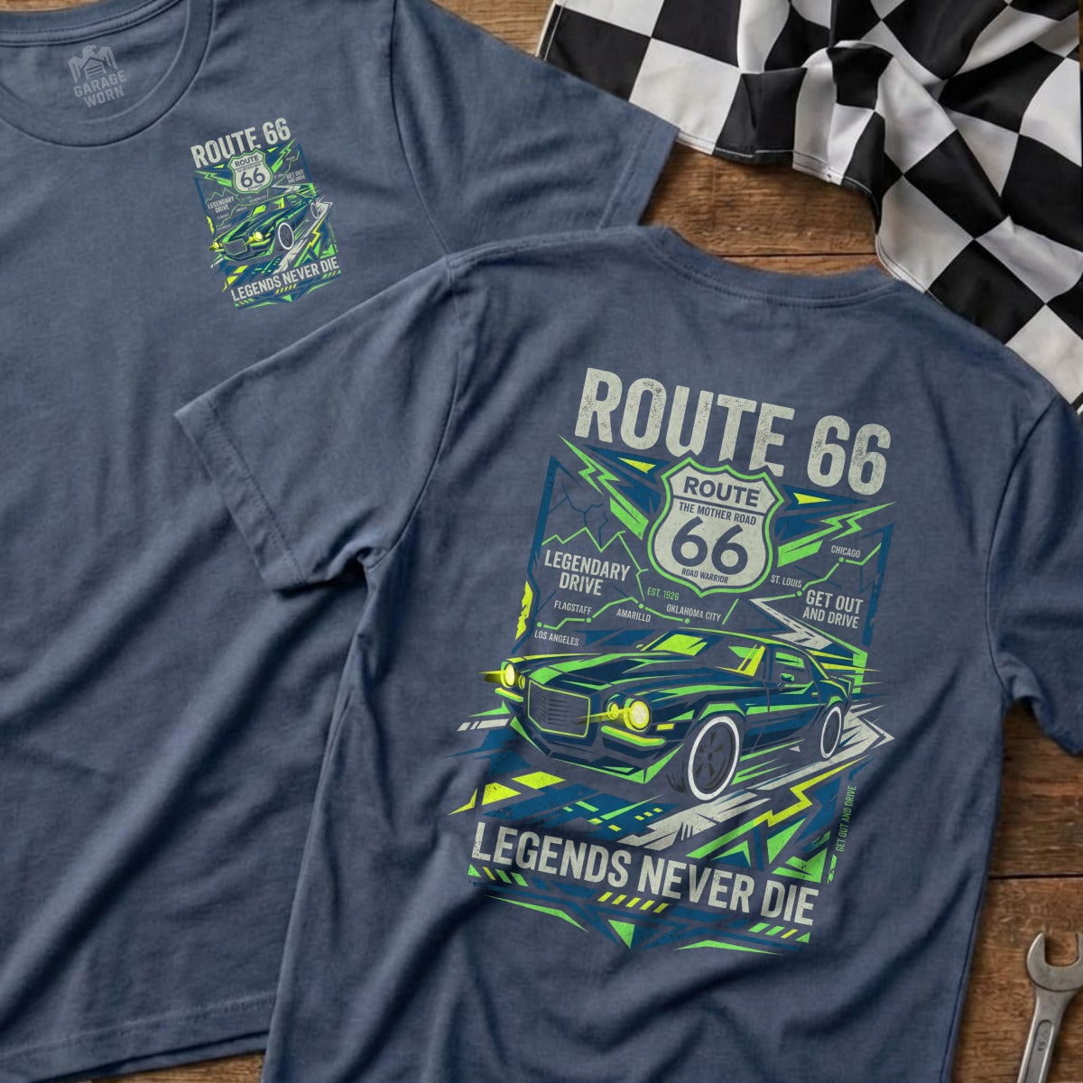 Dark blue t-shirt with Route 66 graphics featuring a classic car.