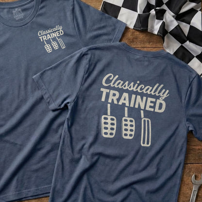 Two blue t-shirts with "Classically Trained" and pedal graphics on back.