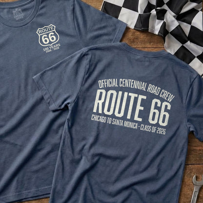 Blue t-shirts with Route 66 Centennial Road Crew design, 100 years 1926-2026.