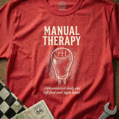 Red t-shirt with "Manual Therapy" and gear shift illustration.