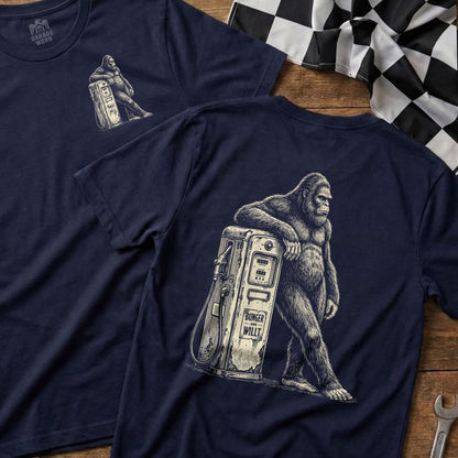 Bigfoot leaning on a vintage gas pump with "BUNKER WILLY" text.