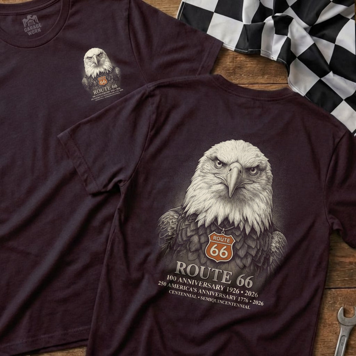 Route 66 t-shirt with eagle graphic and anniversary text.