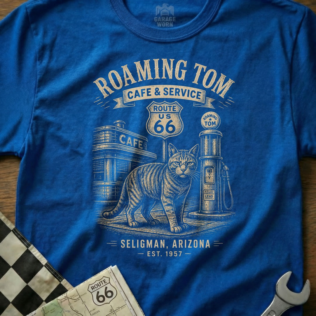 T-shirt with a cat, Route 66 sign, vintage gas pump, and cafe.