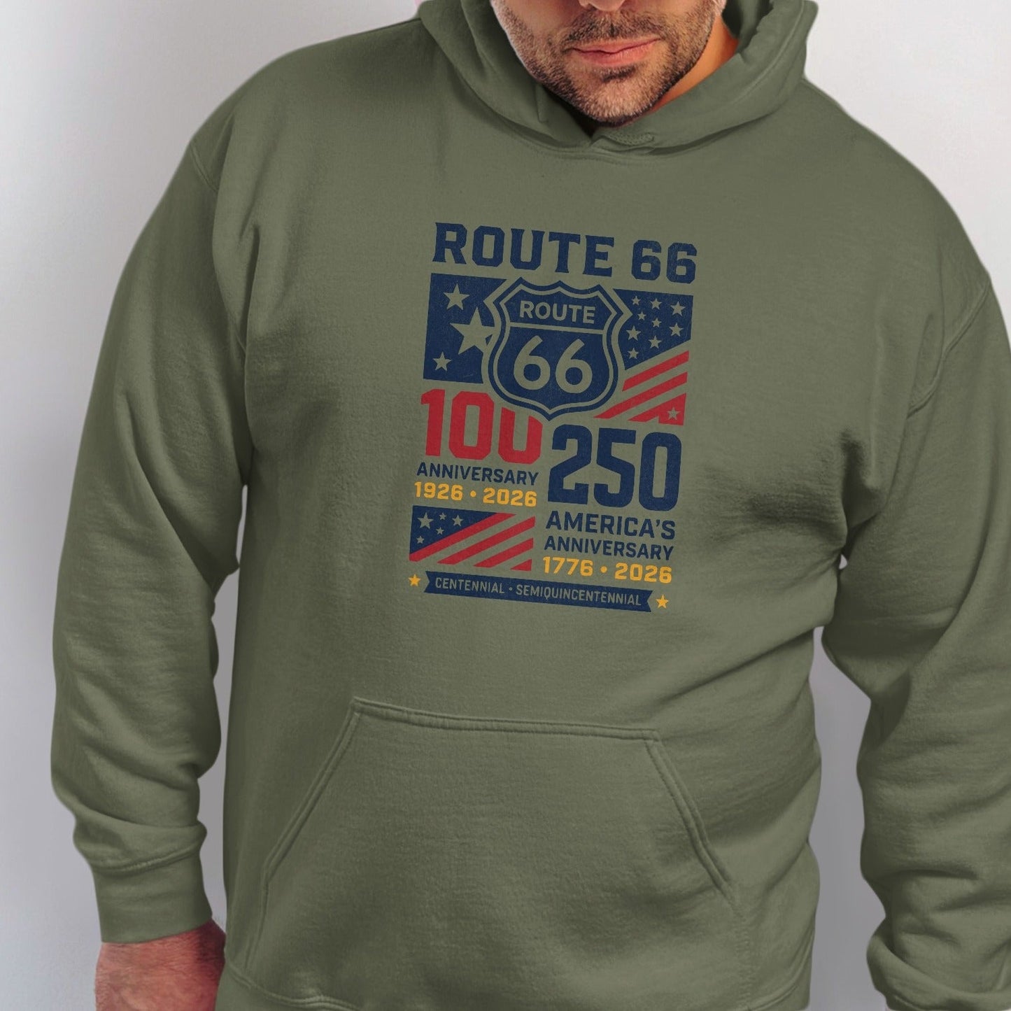 Olive hoodie with Route 66 and America's Anniversary graphics.