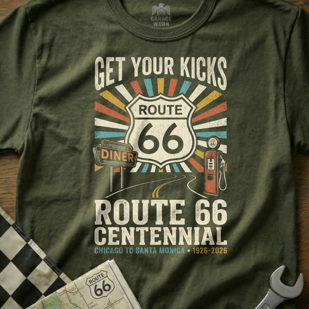 Route 66 Centennial t-shirt with diner, gas pump, and road graphic.