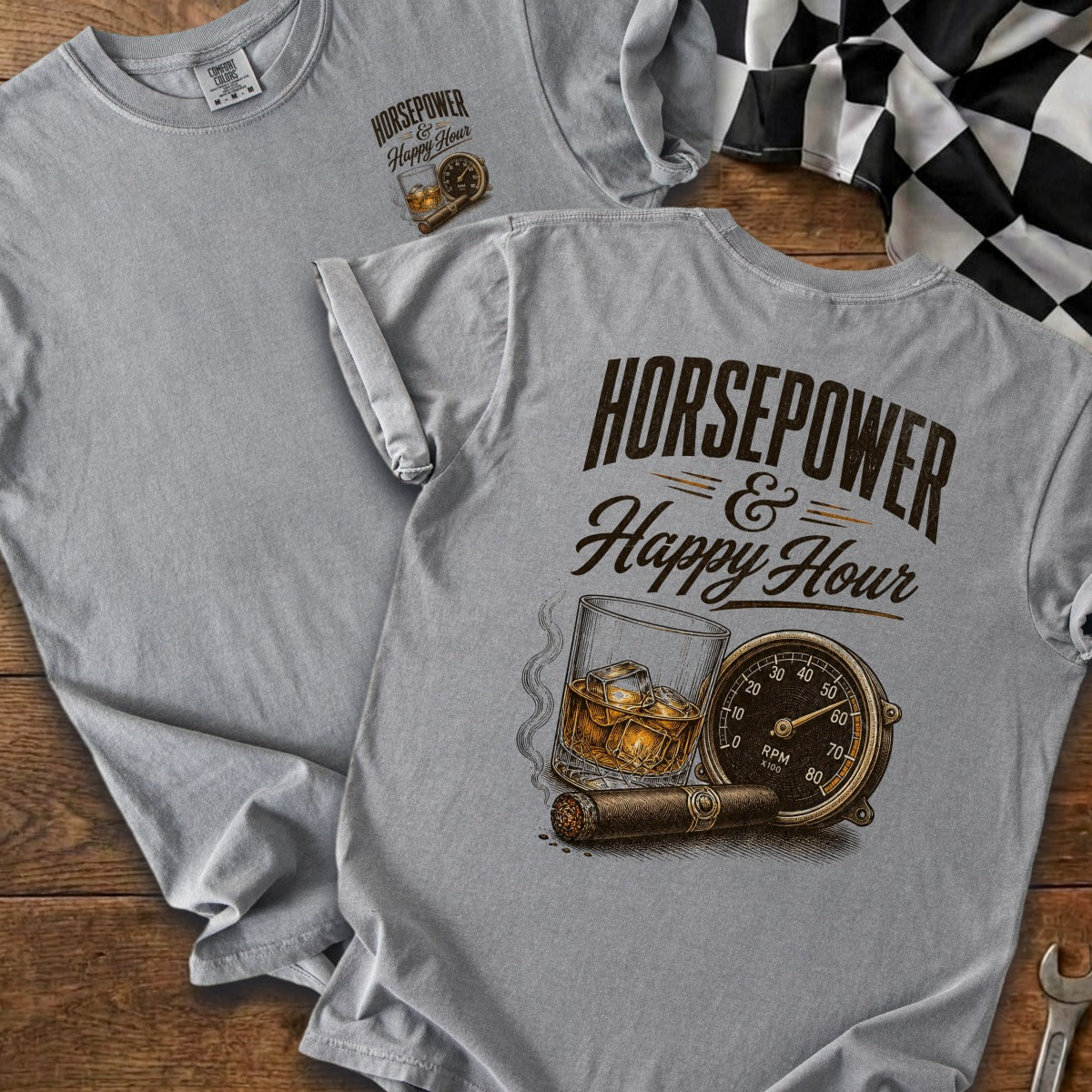 Gray t-shirts featuring "Horsepower & Happy Hour" text with whiskey, cigar, and gauge.