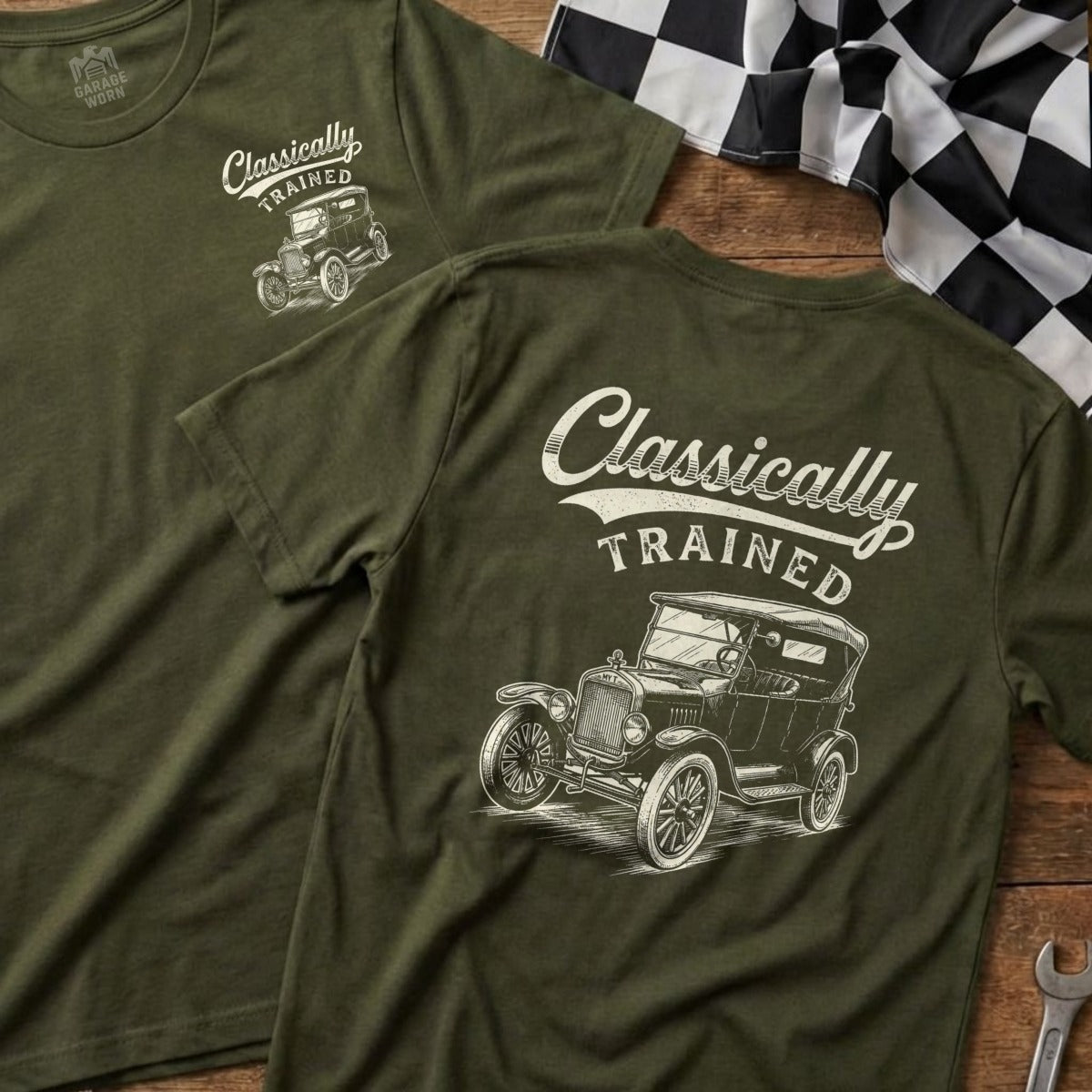 Olive green t-shirt with "Classically Trained" text and vintage car graphic.