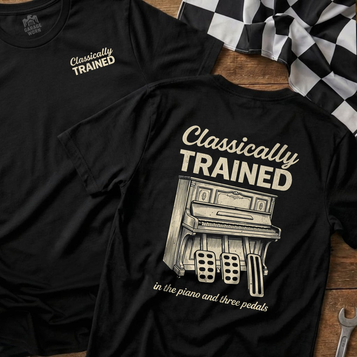 Black t-shirt with "Classically Trained" and piano image on back.