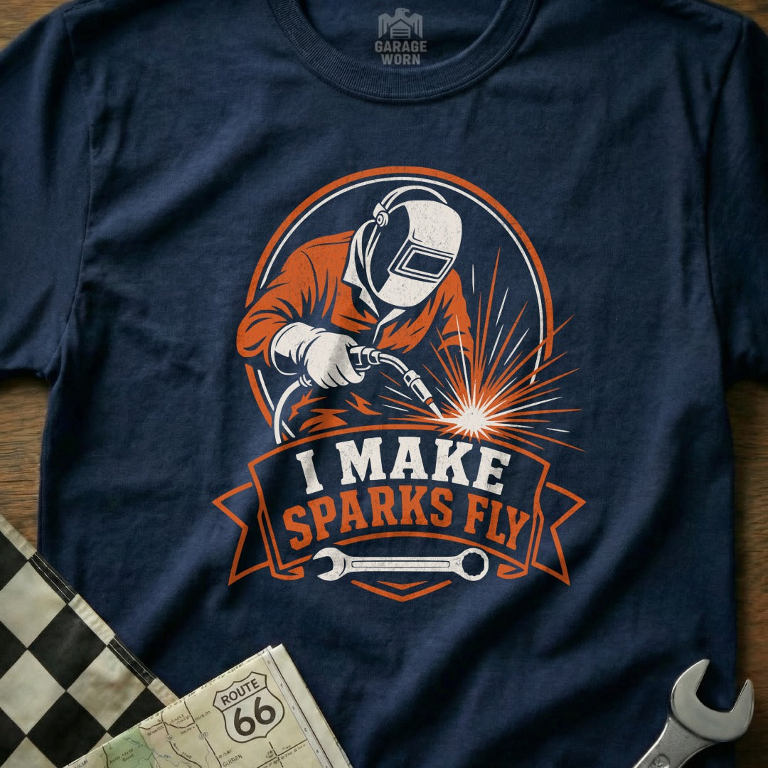 Navy t-shirt with graphic of a welder and text "I MAKE SPARKS FLY"