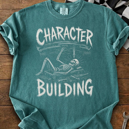 Skeleton working on a car under the words "CHARACTER BUILDING".