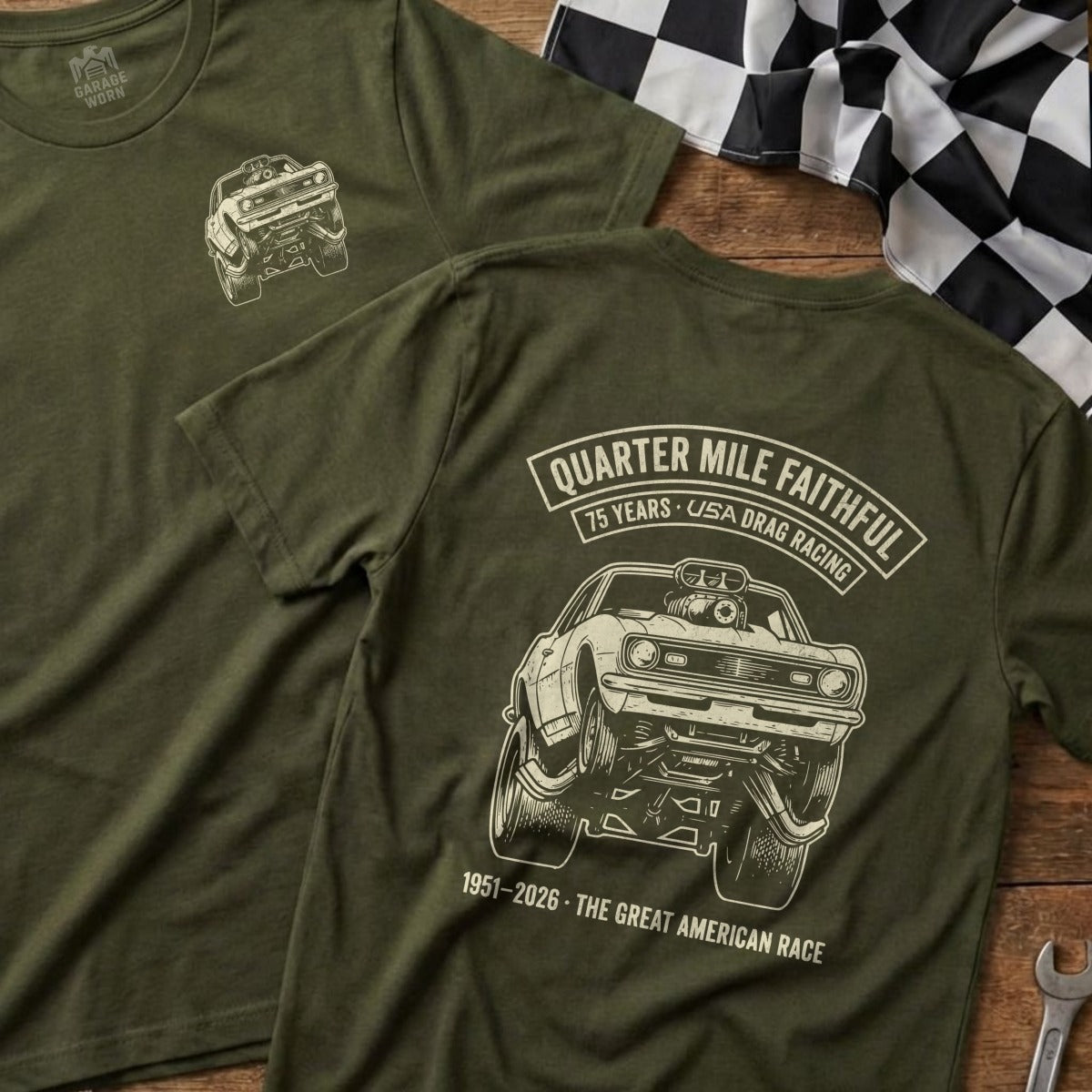 Olive green t-shirt with drag racing car graphic and "Quarter Mile Faithful" text.