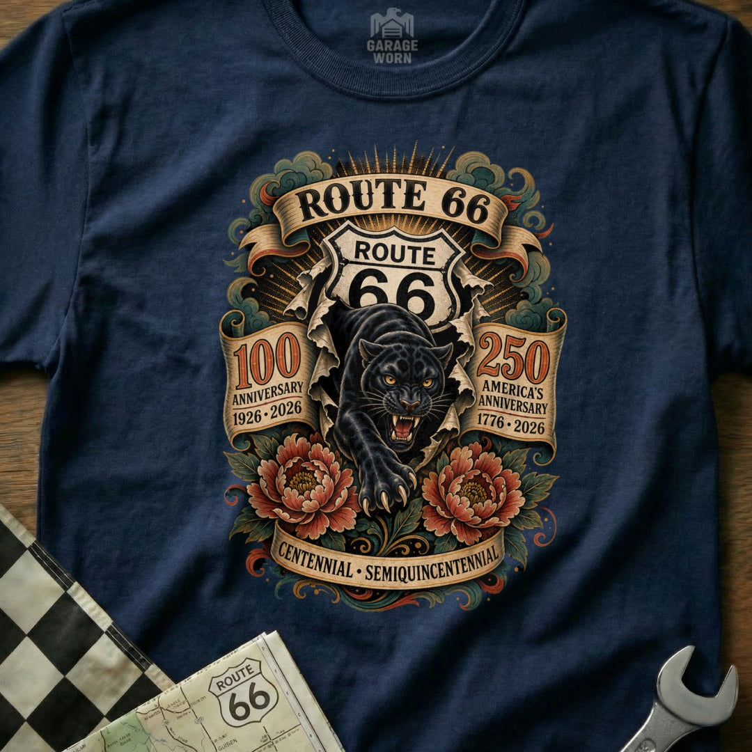 Navy t-shirt with a Route 66 centennial and America's 250th anniversary graphic.
