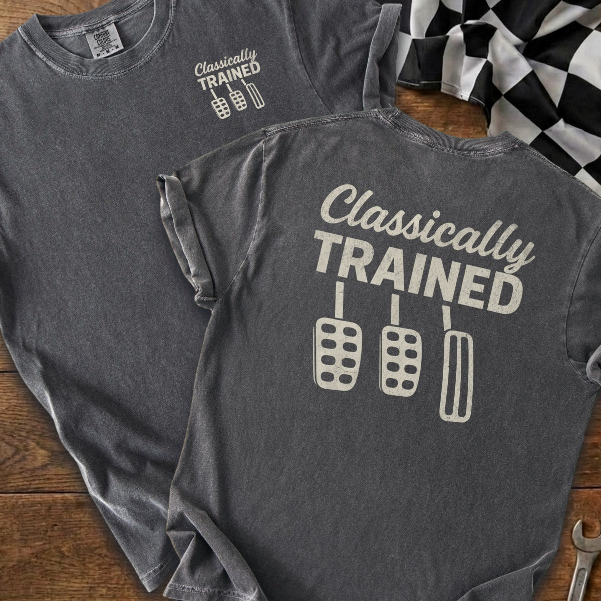 Dark grey t-shirt with "Classically TRAINED" and three pedal graphics.