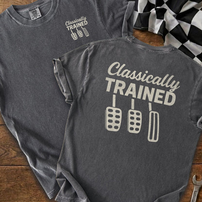 Dark grey t-shirt with "Classically TRAINED" and three pedal graphics.
