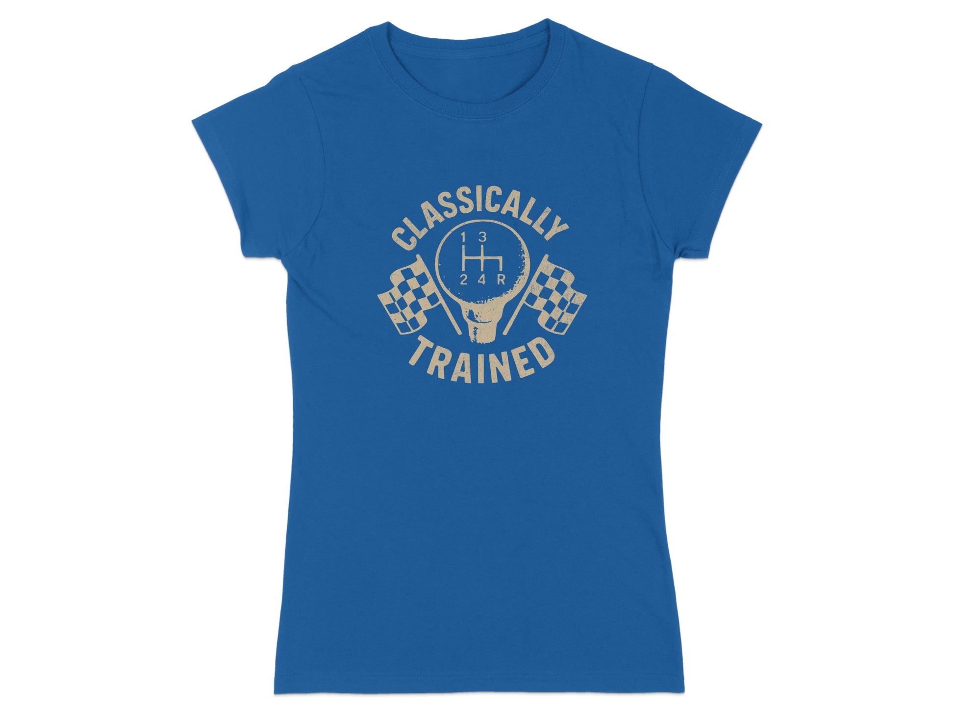 T-shirt with "CLASSICALLY TRAINED" and gear shift graphic.
