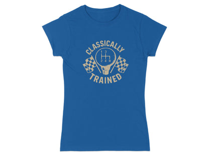 T-shirt with "CLASSICALLY TRAINED" and gear shift graphic.