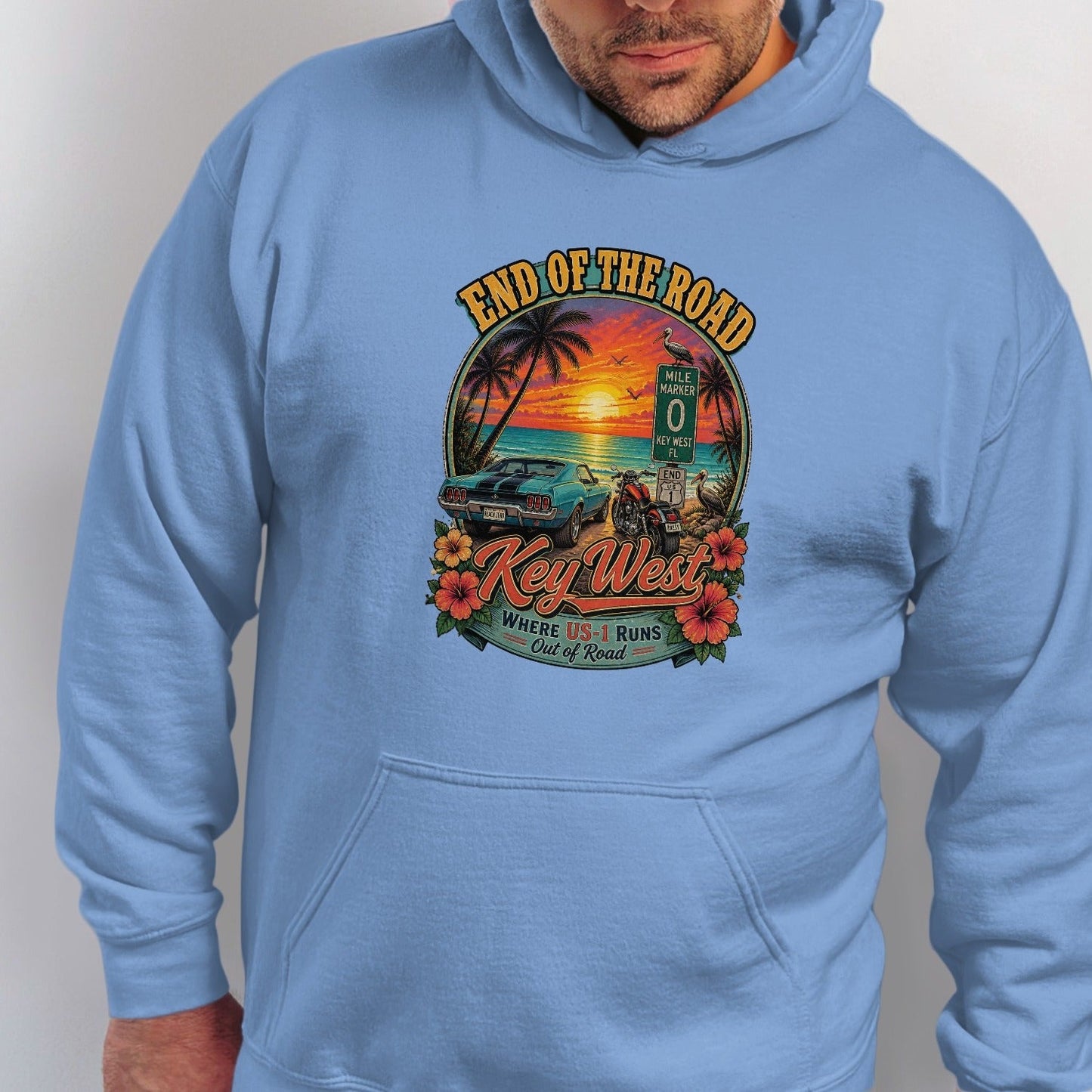 Graphic with sunset, car, motorcycle, and text "End of the Road Key West".