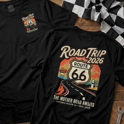 Black t-shirt with Route 66 road trip design and text.