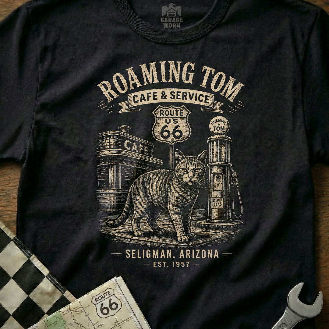 Black t-shirt graphic with tabby cat at Route 66 Seligman, Arizona cafe and gas station.