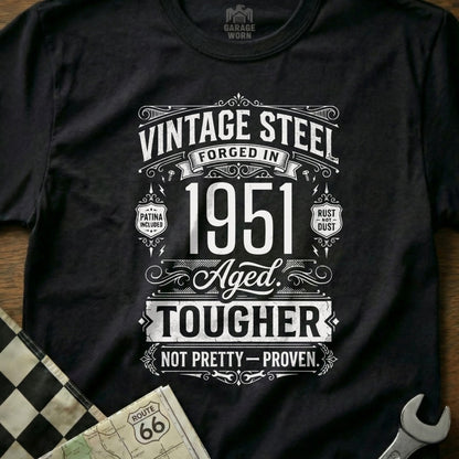 Vintage Steel 1951 Aged Tougher t-shirt with Route 66 graphic.