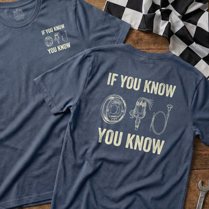 Two navy blue t-shirts with mechanical diagrams and "If you know, you know" text.
